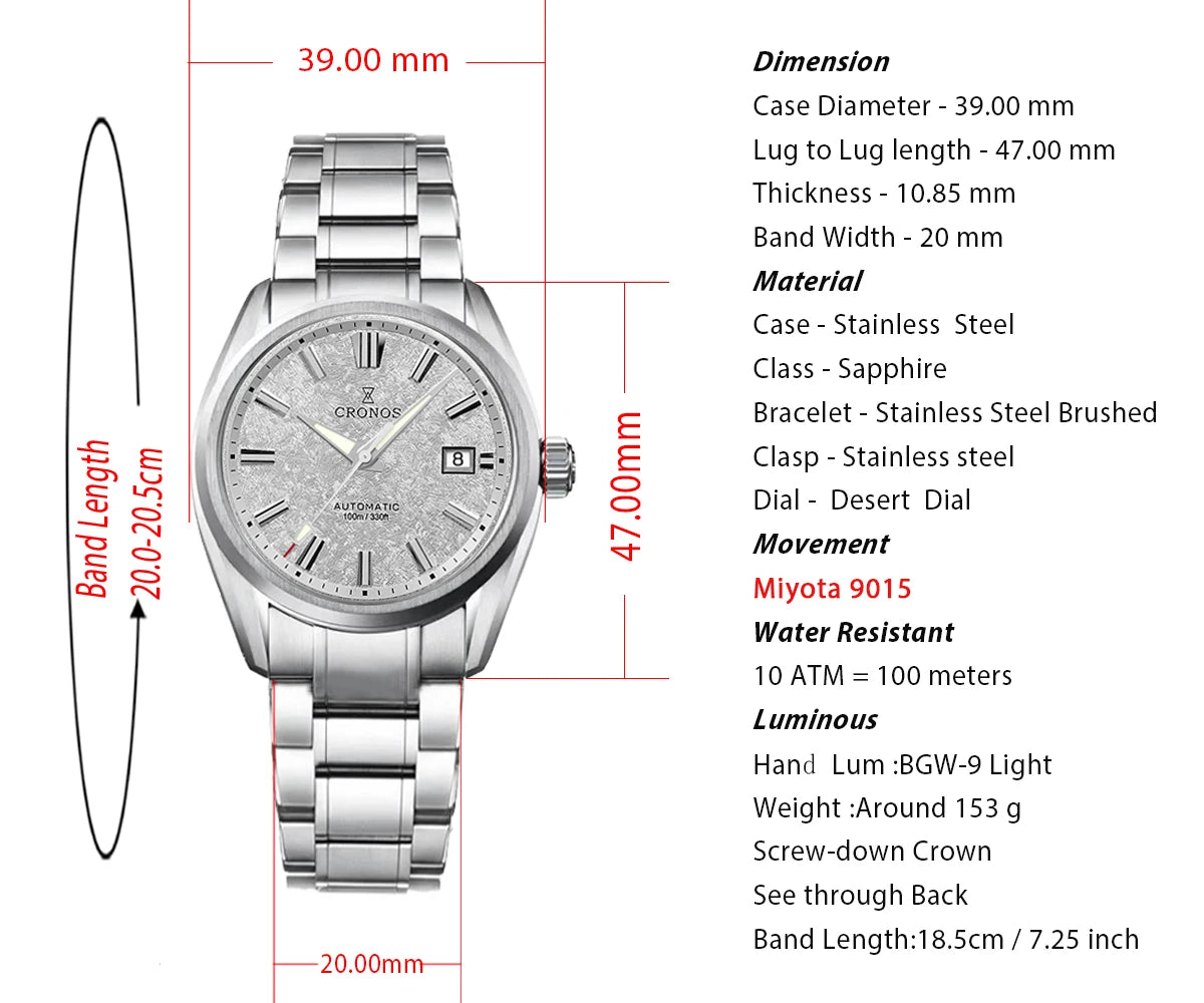 Cronos Men Watch 39mm Automatic Miyota 9015 Movement Wristwatches White Dial Birch Pattern Solid Links Sapphire 10 ATM L6040M