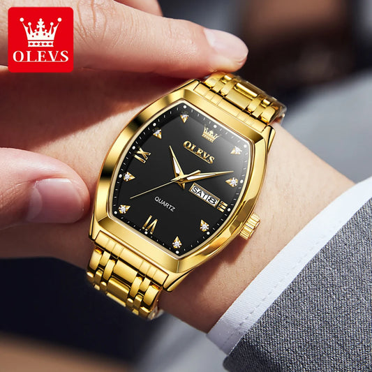 Orologio da uomo OLEVS, modello di lusso dalla forma a botte, orologio al quarzo di marca prestigiosa, impermeabile, con indicazione del giorno e della data e lancette luminescenti.
