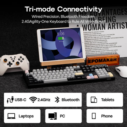Teclado mecánico EPOMAKER TH108 PRO 100% de tamaño completo, hot-swap, con cable/BT/inalámbrico 2.4Ghz, pantalla y perilla, batería de 10000mAh