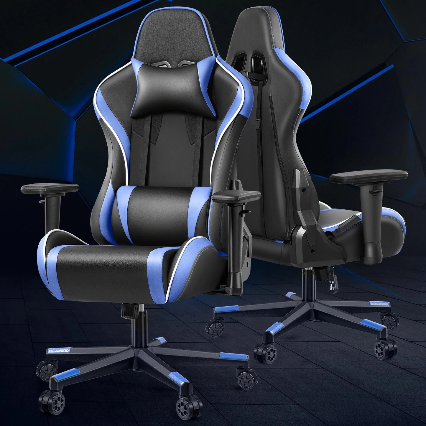 Gaming Chair, Ergonomic PU Leather Office Chair, Reclining Swivel Computer Chair with Headrest Lumbar Support, Black Blue