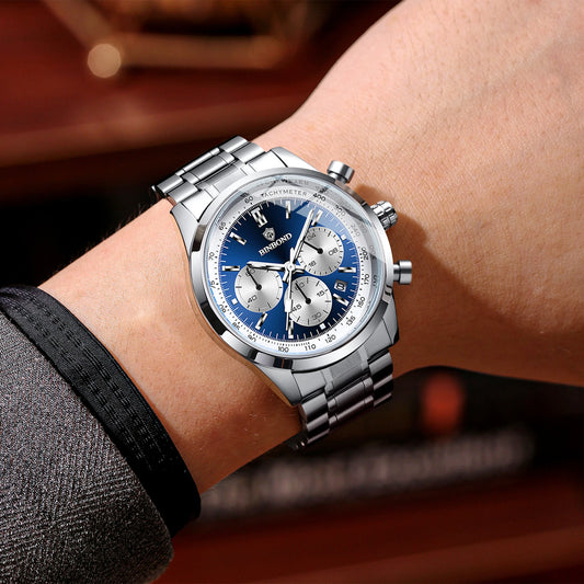 Orologio al quarzo BINBOND da uomo, elegante, robusto e preciso, con data automatica, cronografo, luminescente e impermeabile. Stile casual.