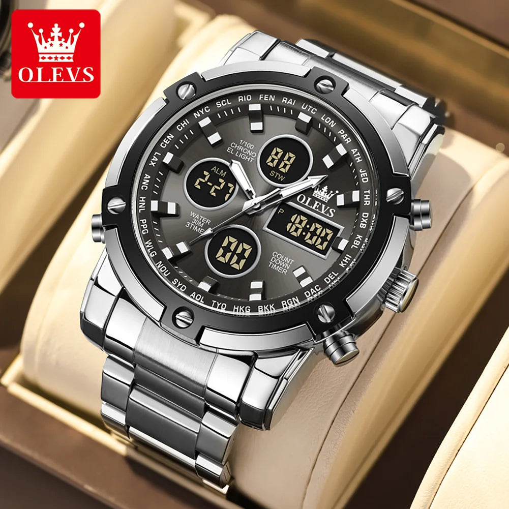 Orologio da uomo OLEVS – Orologio da polso al quarzo, impermeabile, in acciaio inossidabile, con display a LED – Stile sportivo e di tendenza (modello 1106)
