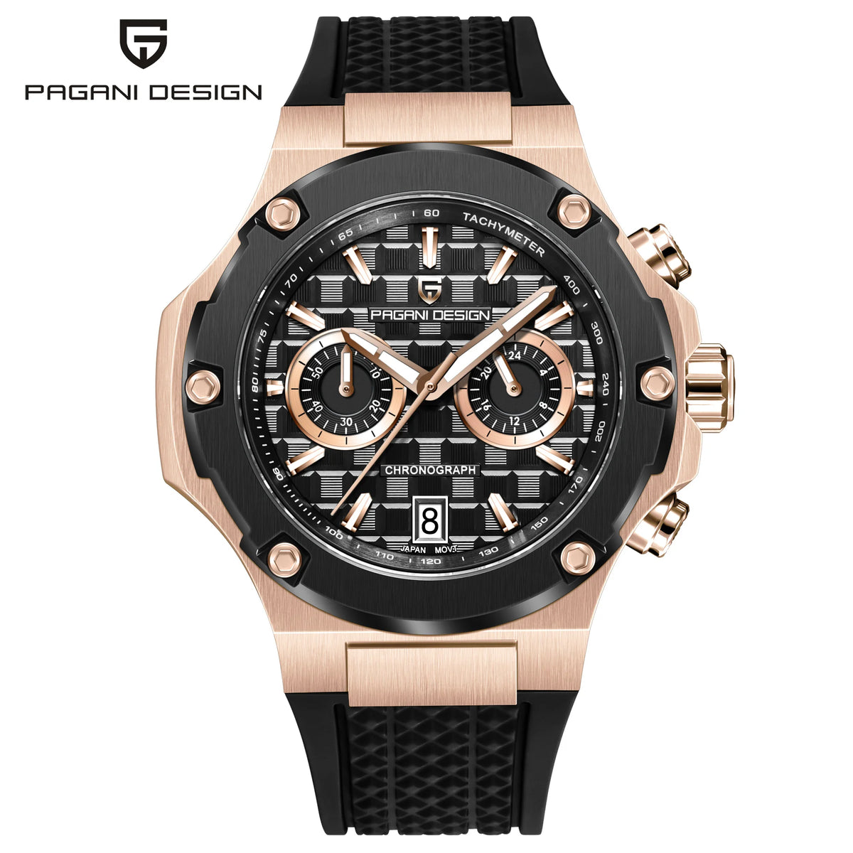 Orologio da uomo PAGANI DESIGN – Cronografo sportivo di lusso in oro rosa, dotato di un movimento al quarzo giapponese VK64 e di un cinturino in gomma fluorurata.