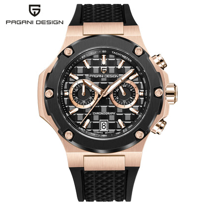 Orologio da uomo PAGANI DESIGN – Cronografo sportivo di lusso in oro rosa, dotato di un movimento al quarzo giapponese VK64 e di un cinturino in gomma fluorurata.