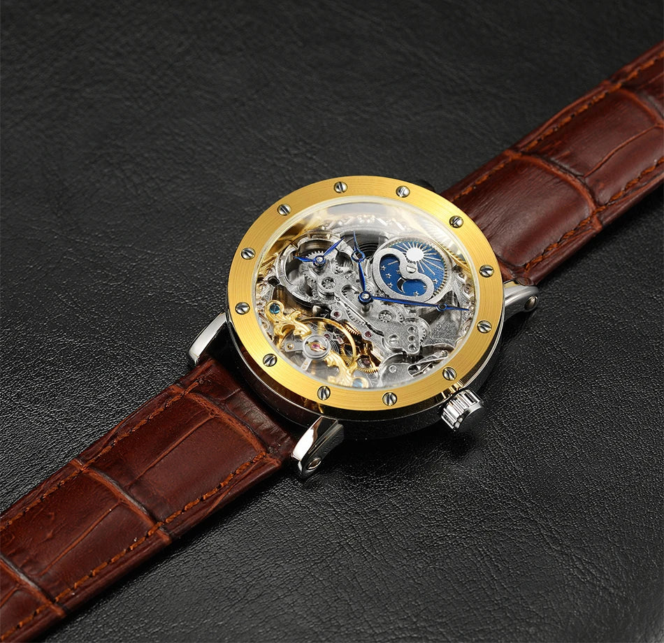 Orologio da polso meccanico automatico SKROX da uomo, modello scheletrato con funzione GMT, fasi lunari e tourbillon – Orologio di lusso di alta gamma, elegante e originale.
