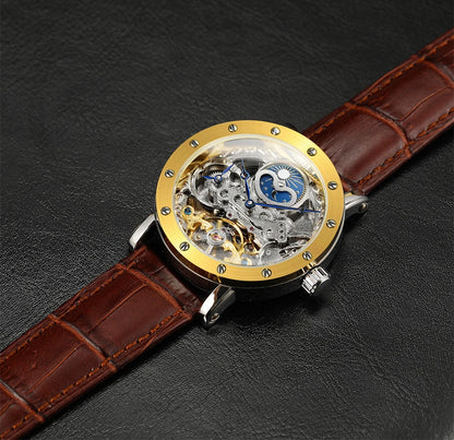 Orologio da polso meccanico automatico SKROX da uomo, modello scheletrato con funzione GMT, fasi lunari e tourbillon – Orologio di lusso di alta gamma, elegante e originale.