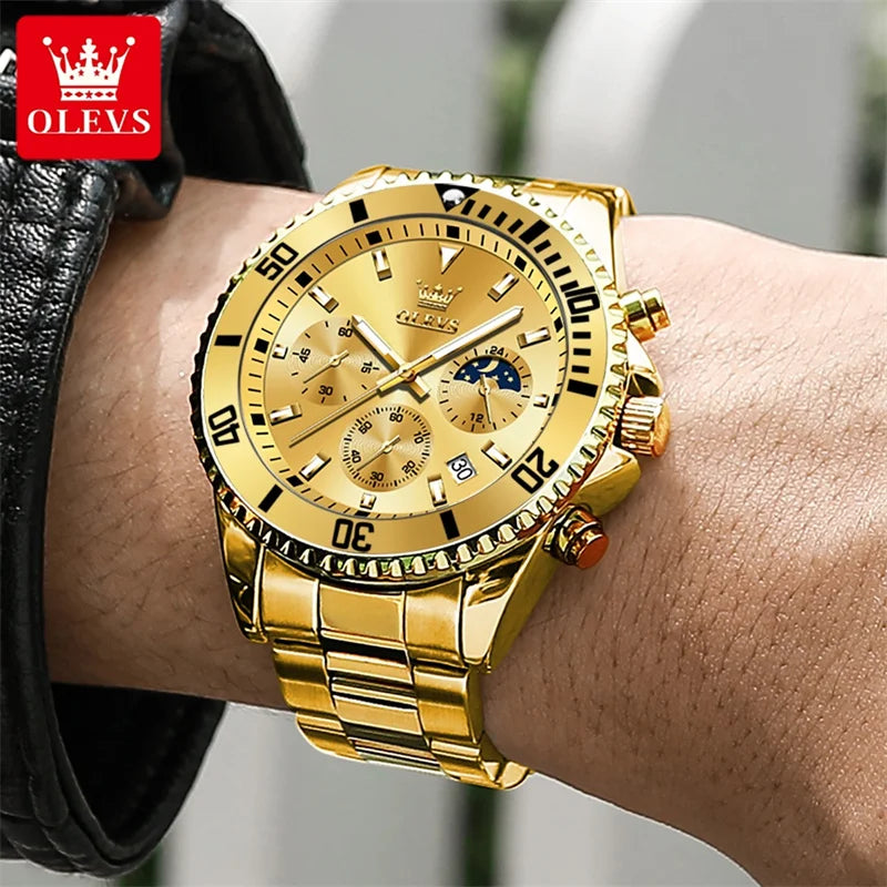 Orologio OLEVS da uomo, marchio di lusso, orologio militare al quarzo dorato, impermeabile, datario luminescente, cassa in acciaio inossidabile.