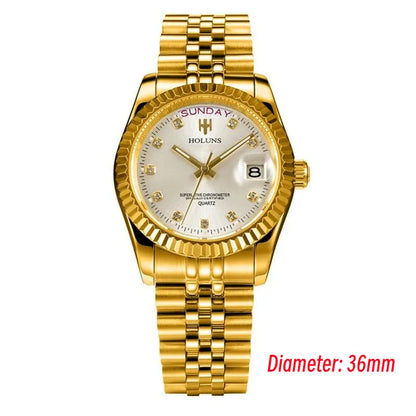 Relojes de hombre Holuns Luxury Classic de 36/41 mm en oro, con movimiento de cuarzo MIYOTA de Japón, de acero inoxidable, reloj de pulsera clásico de negocios, resistente al agua