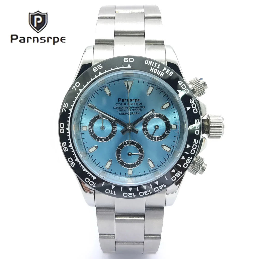 Zegarek kwarcowy dla mężczyzn 39 mm – luksusowy chronograf, modny, z szafirowym szkiełkiem, stylowy, sportowy, z bransoletą ze stali nierdzewnej