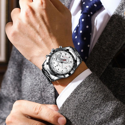 Orologio da uomo di lusso POEDAGAR, impermeabile, luminescente, con datario, sportivo, cinturino in acciaio inossidabile, movimento al quarzo.
