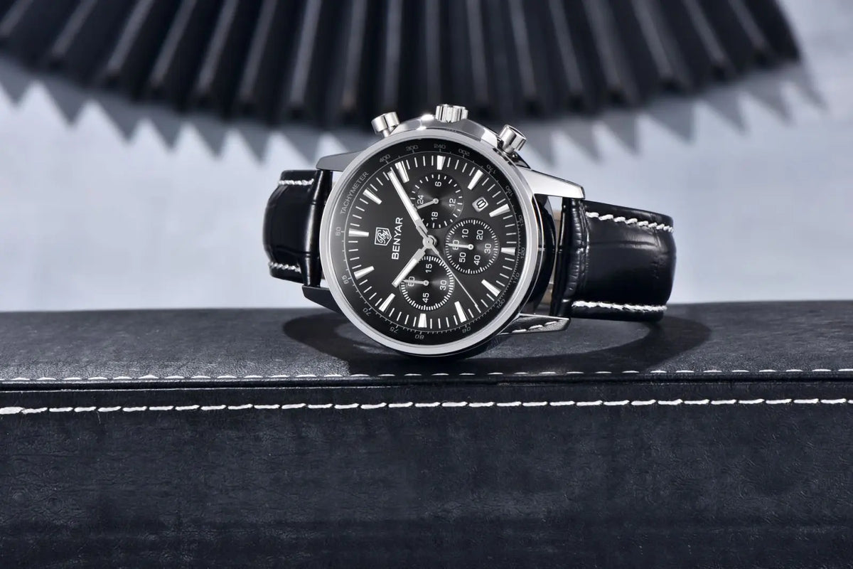 Orologio di lusso da uomo Benyar – Cronografo con datario, cinturino in pelle, impermeabile, luminescente, stile sportivo e militare, orologio al quarzo