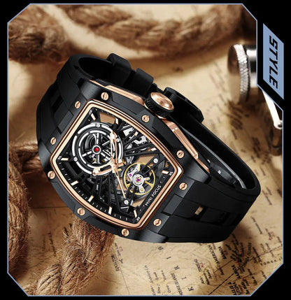 Reloj de pulsera MINI FOCUS para hombre, negro, a la moda, resistente al agua, mecánico automático, con manecillas luminosas, correa de silicona y esfera tonneau