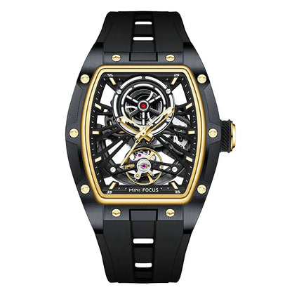 Reloj de pulsera MINI FOCUS para hombre, negro, a la moda, resistente al agua, mecánico automático, con manecillas luminosas, correa de silicona y esfera tonneau