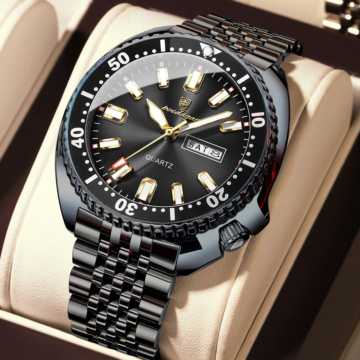 Orologio da uomo POEDAGAR di lusso, stile business, con data e giorno della settimana, impermeabile e luminescente, in acciaio inossidabile e con movimento al quarzo.