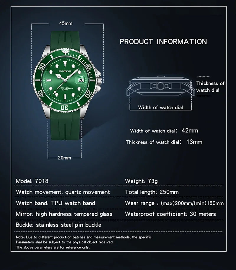 SANDA 7018 Montre à quartz pour homme très vendue Montres de sport pour homme Montre de luxe étanche en silicone Montre à quartz pour homme Relogio Masculino
