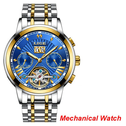 Męskie zegarki mechaniczne z automatycznym mechanizmem marki LIGE – luksusowy zegarek z najwyższej półki z tourbillonem, elegancki i wodoodporny, idealny do pracy lub na uroczyste okazje.