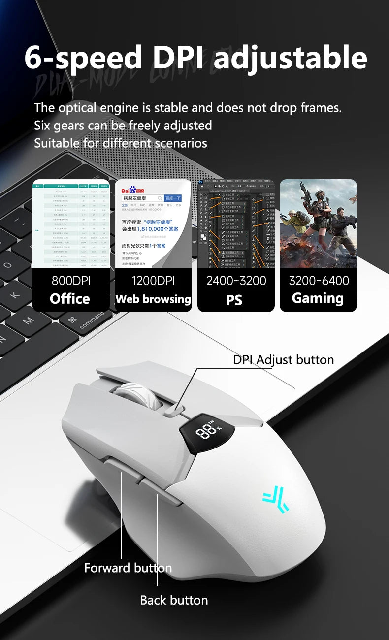 Warvank SX01 Wireless Gaming Mouse Smart Screen Display 6-speed DPI Adjustment 600mAh Rechargeable Silent Office Bluetooth Mouse