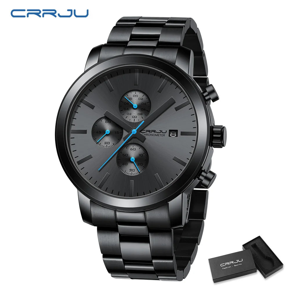 Orologio da uomo CRRJU – Cronografo in acciaio inossidabile, impermeabile, con datario, movimento al quarzo analogico, stile elegante e professionale
