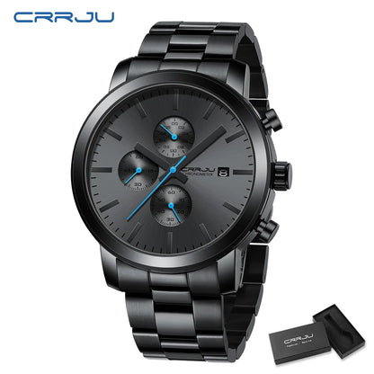 Orologio da uomo CRRJU – Cronografo in acciaio inossidabile, impermeabile, con datario, movimento al quarzo analogico, stile elegante e professionale