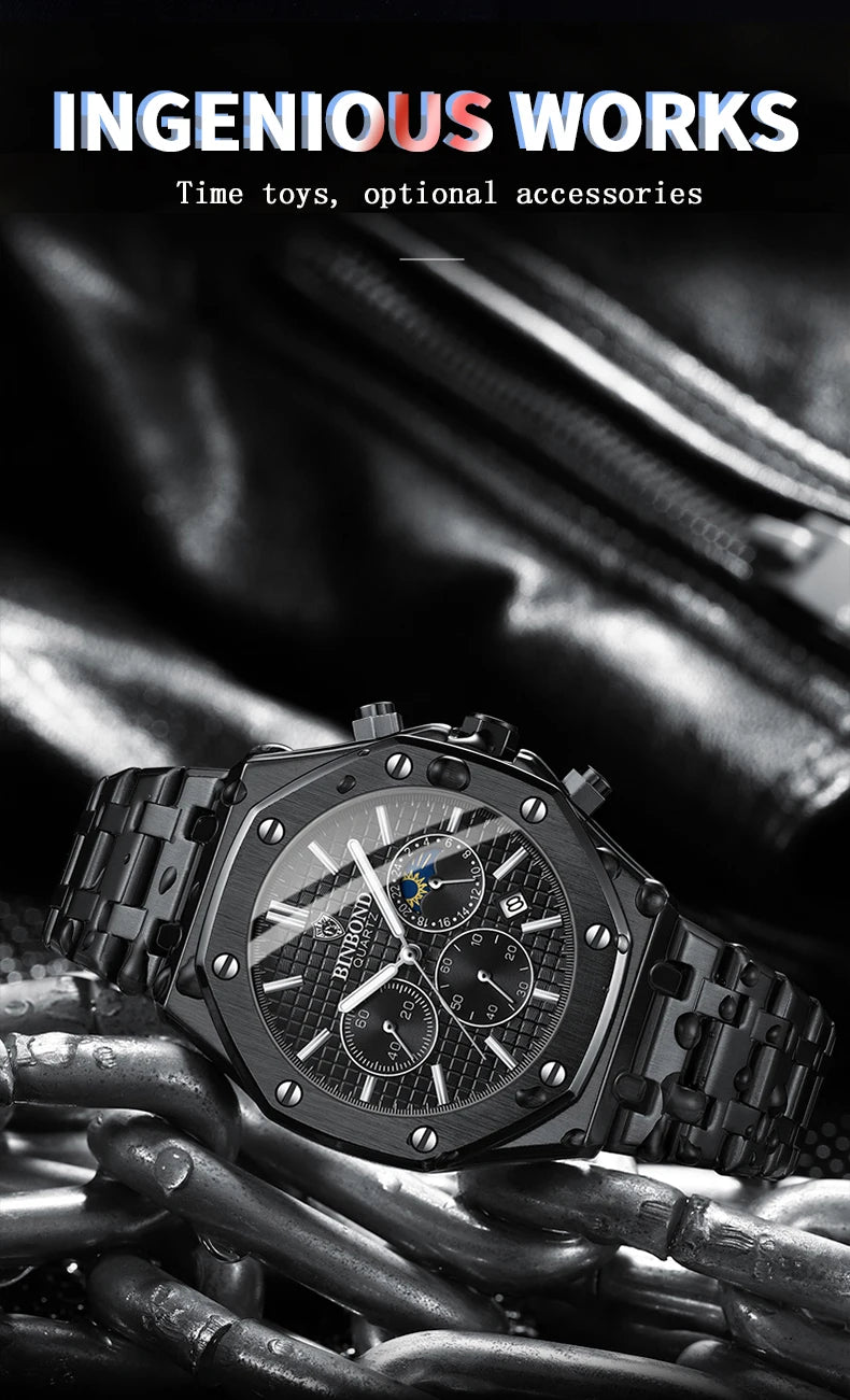 Montre-bracelet à quartz BINBOND pour homme, chronographe de luxe luminescent, en acier inoxydable, étanche, avec date et calendrier