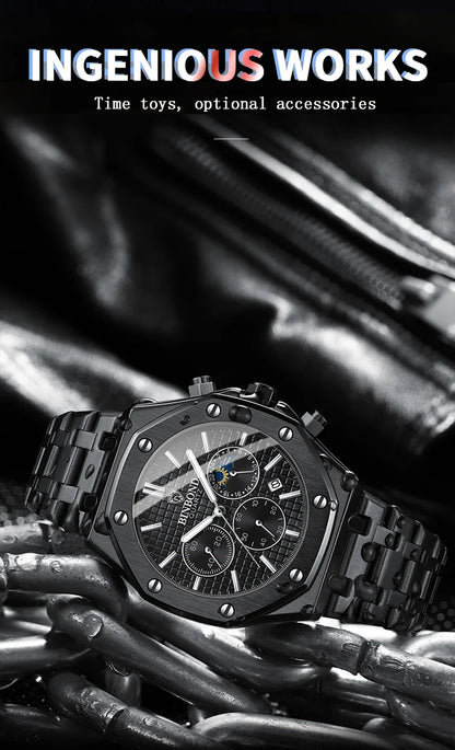 Montre-bracelet à quartz BINBOND pour homme, chronographe de luxe luminescent, en acier inoxydable, étanche, avec date et calendrier