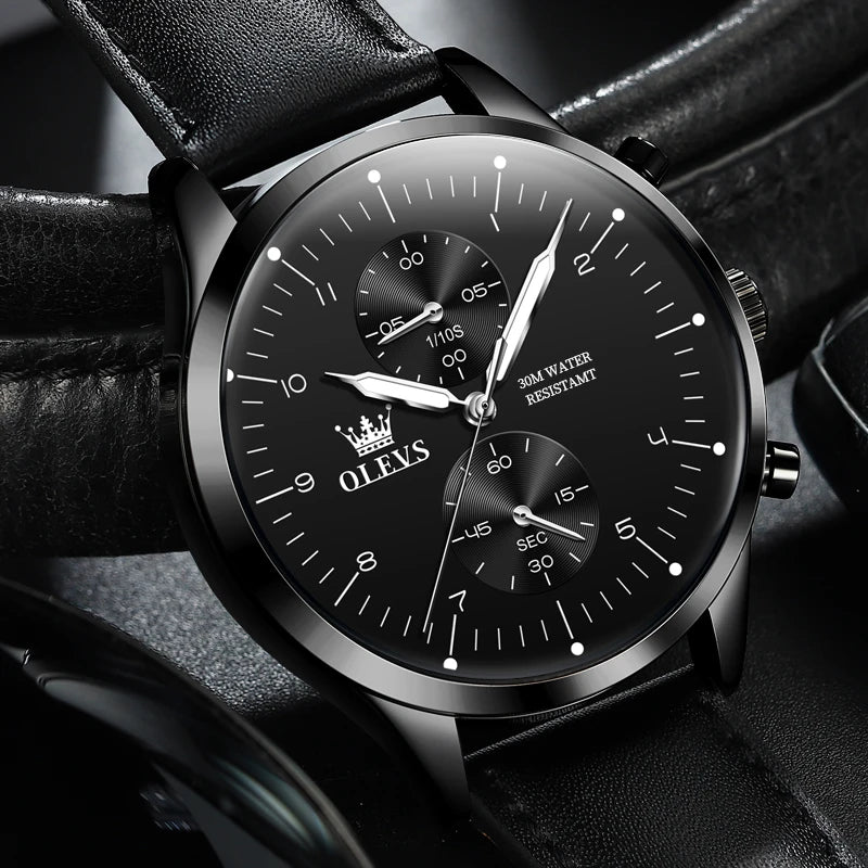 Orologio da uomo OLEVS 2880 – Cronografo elegante e dalle linee essenziali, cinturino in pelle, datario automatico, impermeabile, lancette luminescenti, movimento al quarzo.