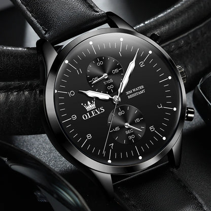 Orologio da uomo OLEVS 2880 – Cronografo elegante e dalle linee essenziali, cinturino in pelle, datario automatico, impermeabile, lancette luminescenti, movimento al quarzo.
