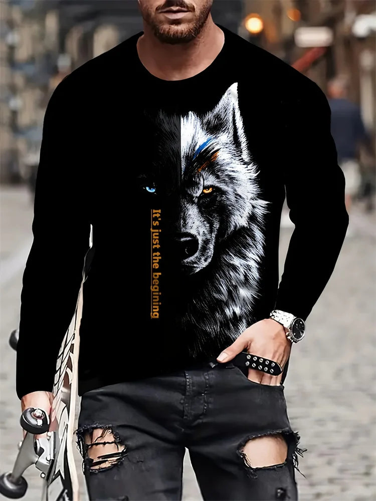 2024 New Wolf Print Men's Long Sleeve T-shirt Spring and Autumn Daily Casual Street Fashion Men's Long Sleeve T-shirt