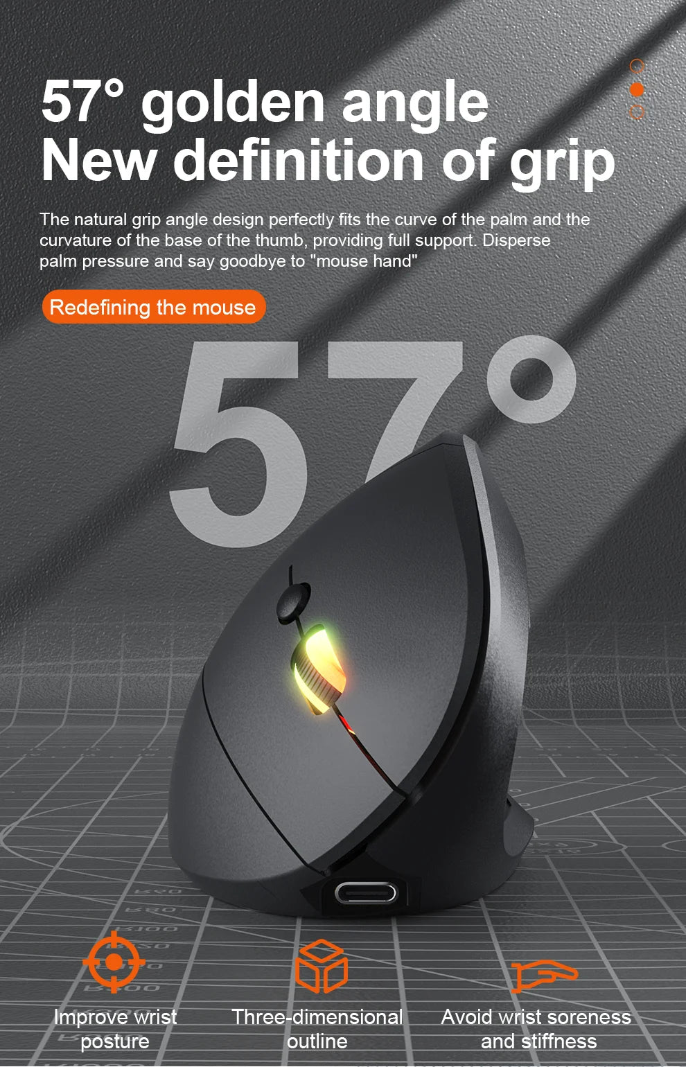 2.4G Bluetooth Wireless Vertical Mouse Rechargeable Ergonomic 1600DPI Adjustable Gaming Mouse 6Buttons for Laptop PC Computer