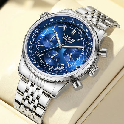 LIGE Luxusuhr für Herren – Chronograph mit Datumsanzeige, aus Edelstahl, wasserdicht, leuchtend, im sportlichen und militärischen Stil, Quarzuhr für Herren