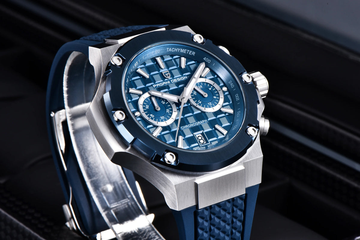 Orologio da uomo PAGANI DESIGN – Cronografo sportivo di lusso in oro rosa, dotato di un movimento al quarzo giapponese VK64 e di un cinturino in gomma fluorurata.