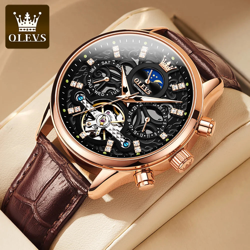 OLEVS 6658 Automatic Mechanical Watch for Man Leather Strap Waterproof Moon Phase Business Dress Men's Watches