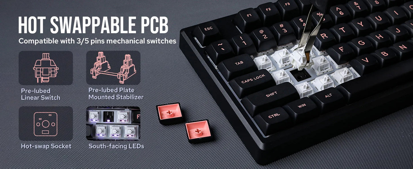 EPOMAKER Galaxy100 QMK/VIA 1800 ANSI Layout Aluminum Gasket Wired/BT5.0/2.4Ghz Mechanical Gaming Keyboard with 8000mAh Battery