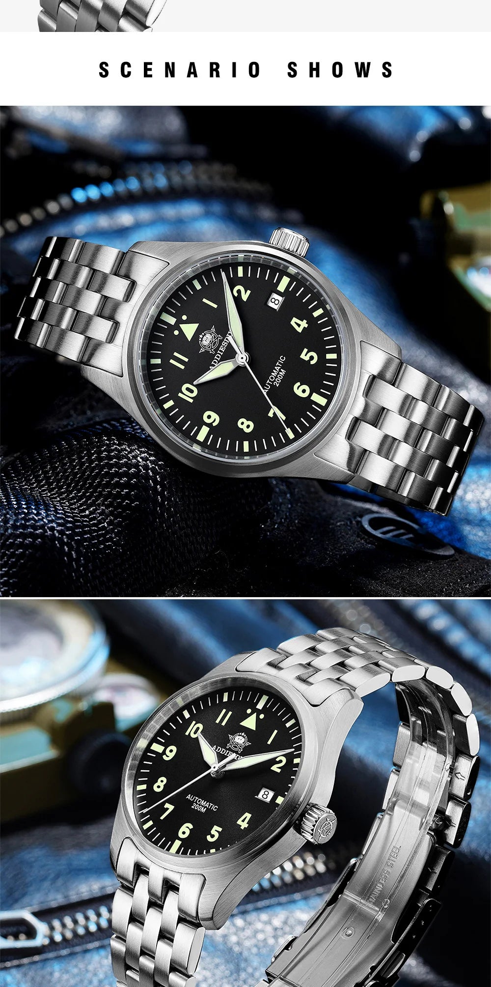 ADDIESDIVE Fashion Retro Personalized Watches 200m Waterproof C3 Luminous Steel Watch Sapphire Glass Mechanical Analog Watches