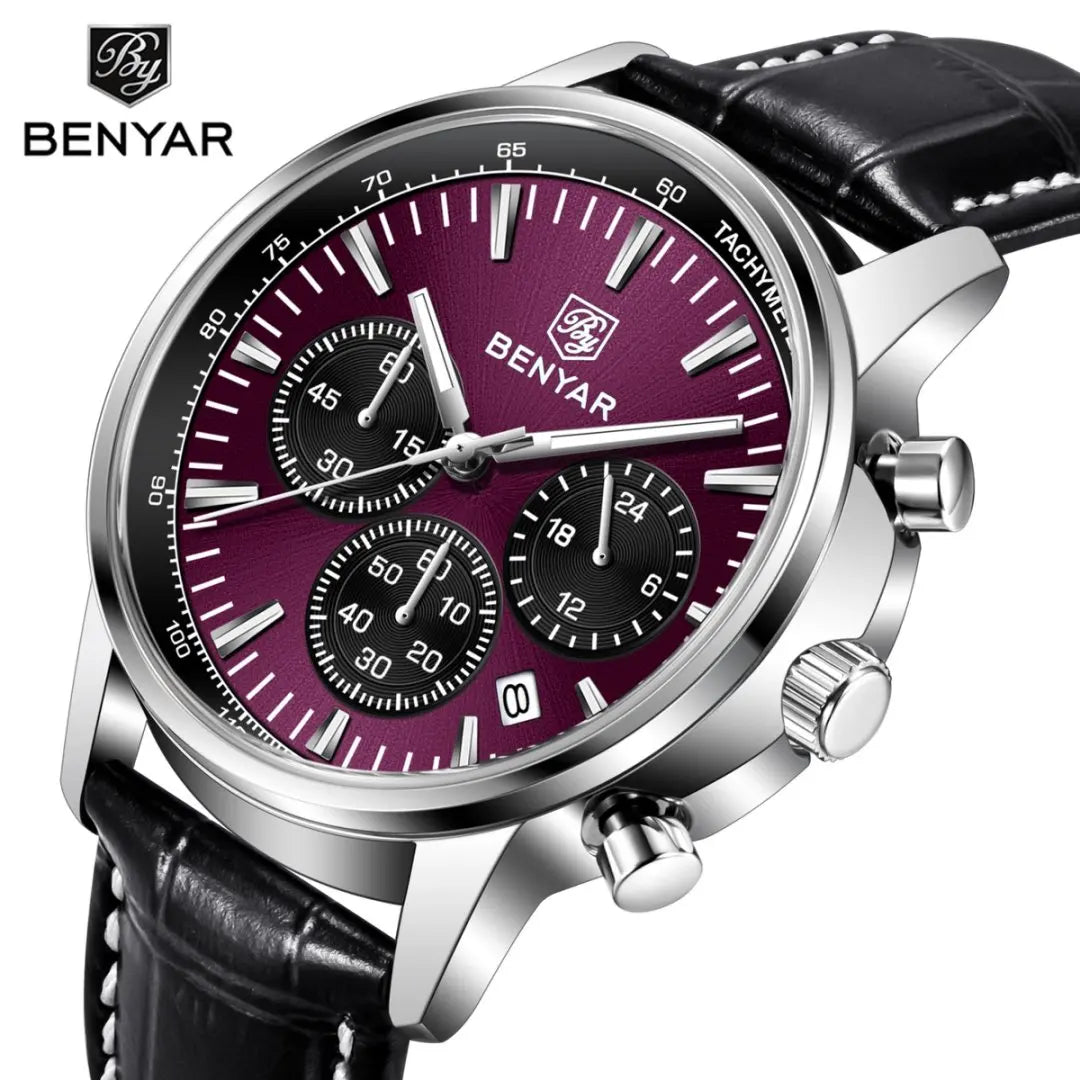 Orologio di lusso da uomo Benyar – Cronografo con datario, cinturino in pelle, impermeabile, luminescente, stile sportivo e militare, orologio al quarzo