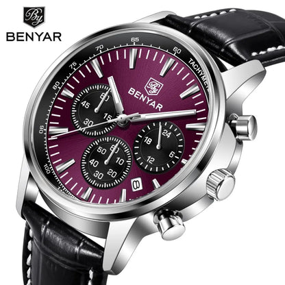 Orologio di lusso da uomo Benyar – Cronografo con datario, cinturino in pelle, impermeabile, luminescente, stile sportivo e militare, orologio al quarzo