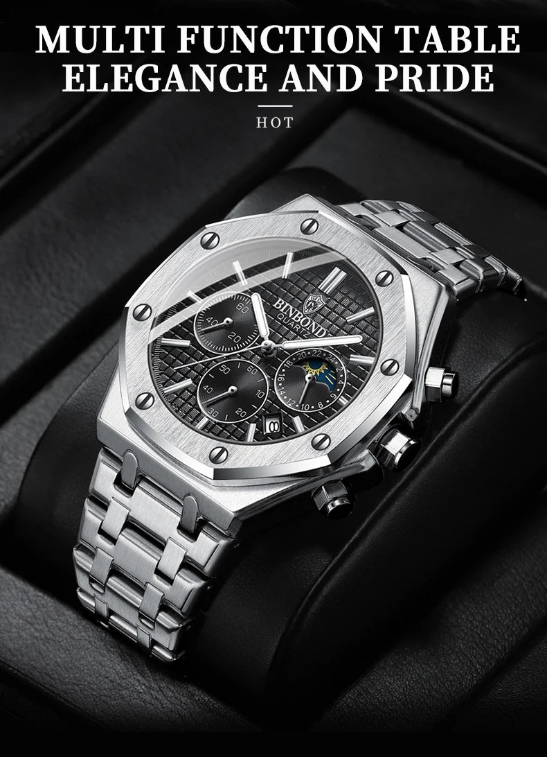Montre-bracelet à quartz BINBOND pour homme, chronographe de luxe luminescent, en acier inoxydable, étanche, avec date et calendrier