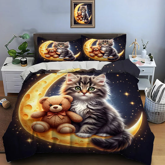 Cute Cat and Teddy on Moon Pattern Duvet Cover Set Digital Print Colorful Polyester Bedding with Zipper Closure for Kids Gifts