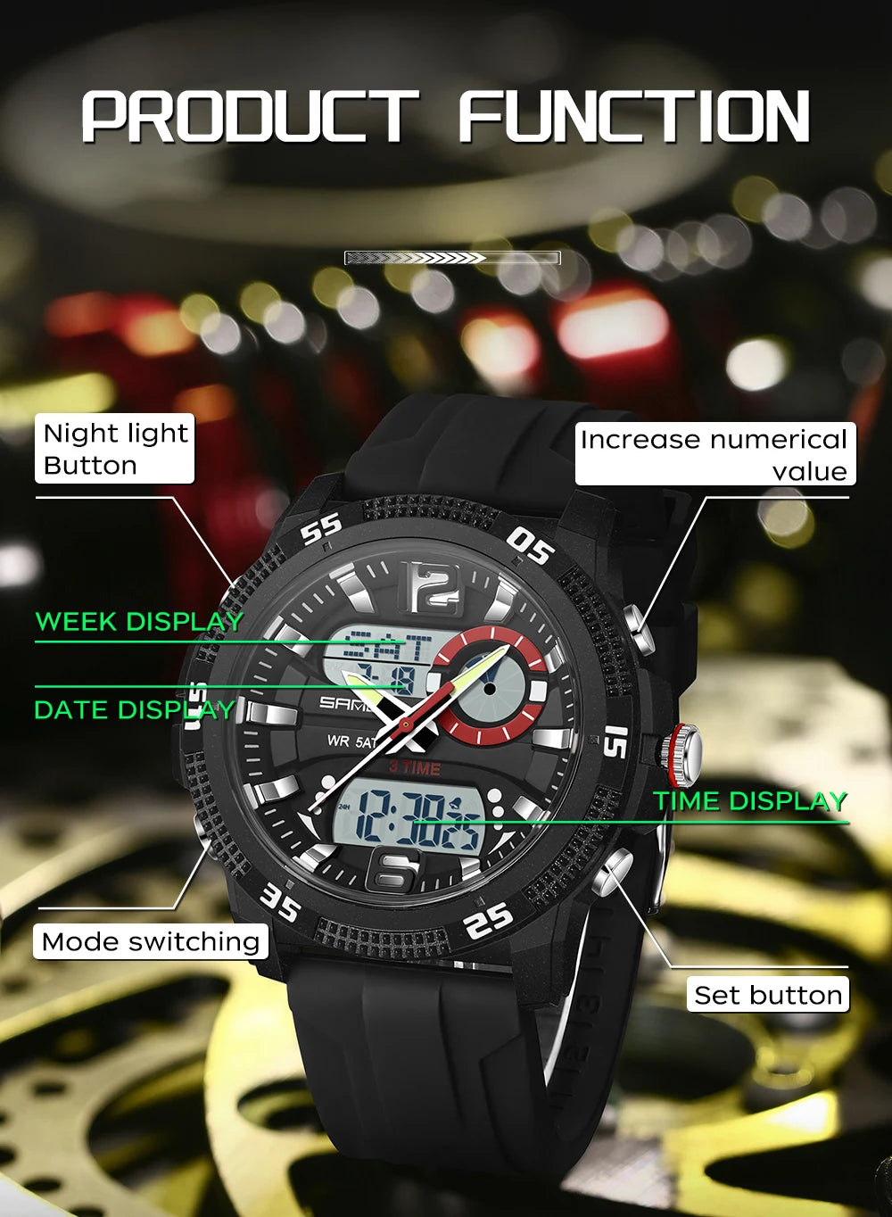 Montres de luxe pour homme SANDA Fashion : montre-bracelet à quartz analogique et numérique, style sportif, décontractée, étanche, avec chronographe en silice