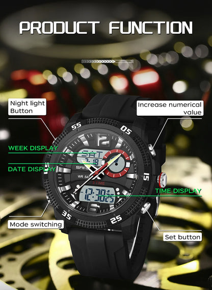 Montres de luxe pour homme SANDA Fashion : montre-bracelet à quartz analogique et numérique, style sportif, décontractée, étanche, avec chronographe en silice
