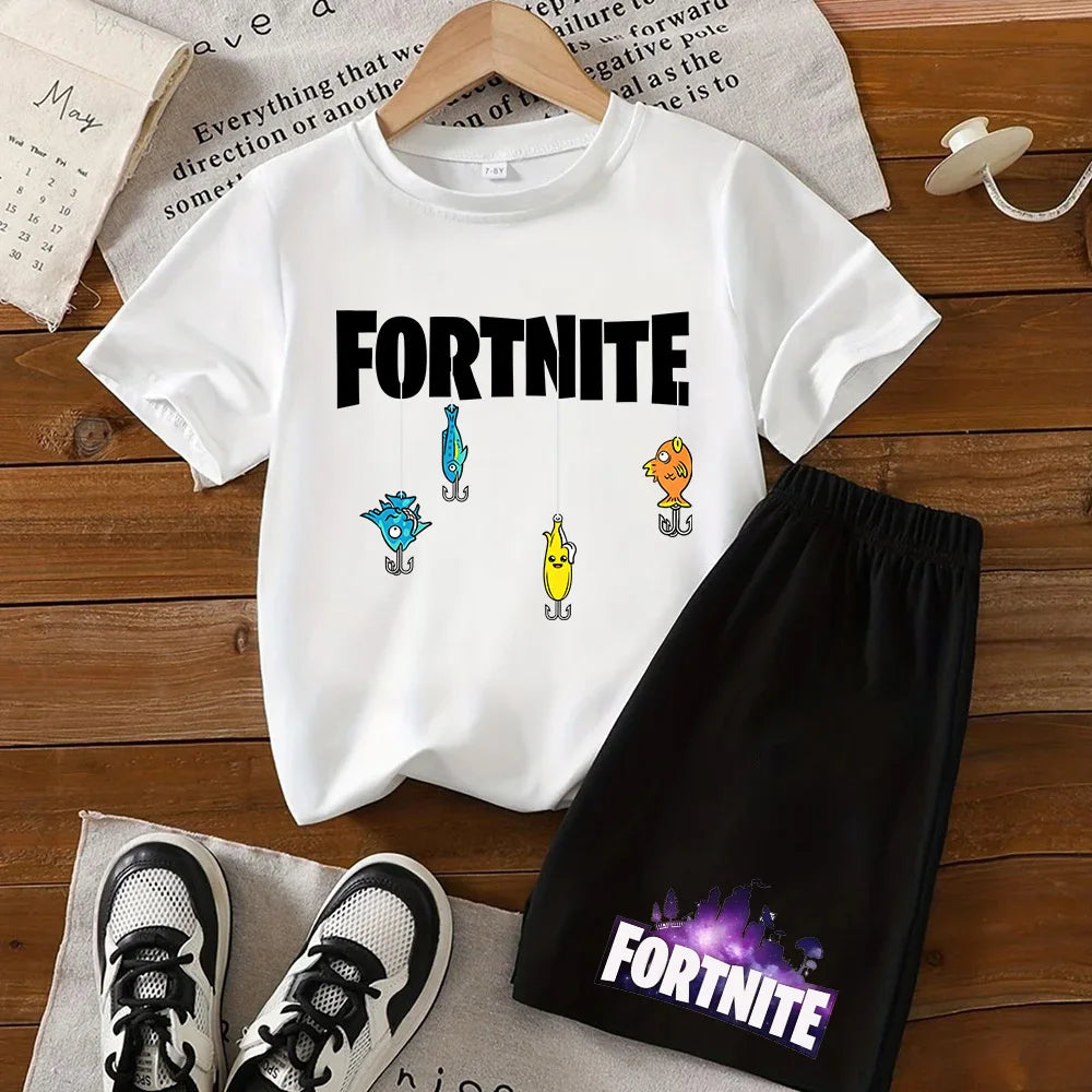 Sommer-Fortnite-T-Shirt und Shorts für Jungen und Mädchen, 2-teiliges Kinder-Set mit Oberteil und Hose, Fortress-Night-Print, Geschenk