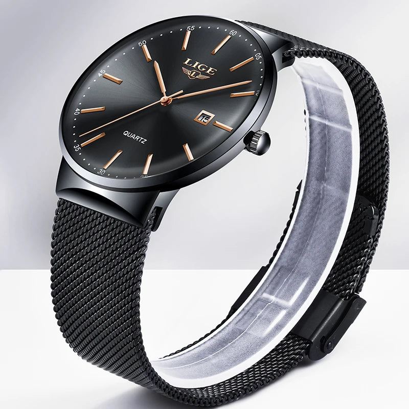 Orologio da uomo LIGE, modello elegante e lussuoso, ultrasottile, impermeabile, con bracciale a maglia, movimento al quarzo, datario e calendario – ideale per uno stile professionale.