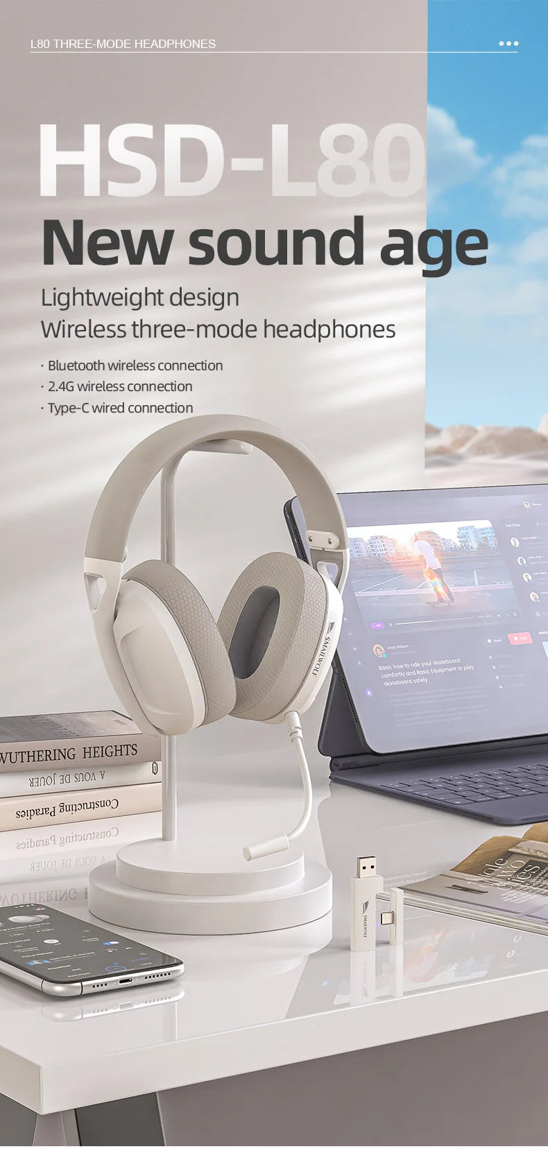 SMAILWOLF L80 Bluetooth wireless three-mode gaming headset, lightweight 185g plug-in microphone e-sports gaming headset