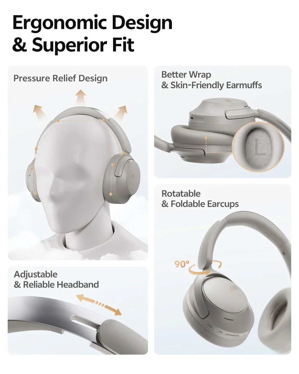 QCY H3S ANC Over Ear Headphones -56dB Noise Cancelling Headsets Bluetooth 6.0 Hi-Res LDAC Spatial Sound Earphones Dual Driver