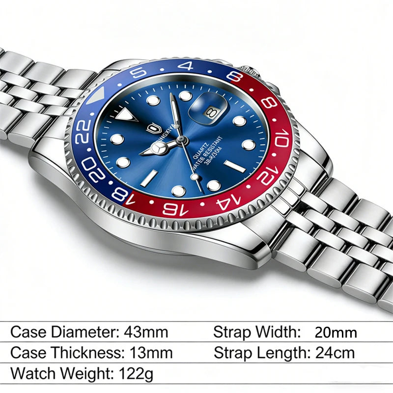 QINGXIYA Montres de luxe à quartz pour homme en acier inoxydable, étanches, avec date luminescente, montre-bracelet pour homme, reloj hombre