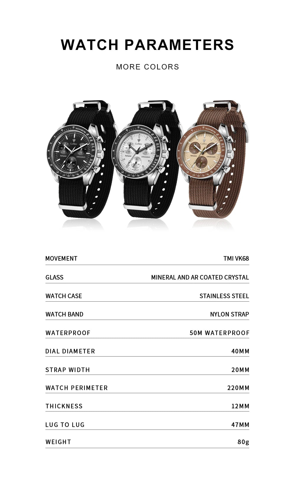 CADISEN Neue Herrenuhren Luxuriöse Quarz-Armbanduhr für Herren Saphirglas mit AR-Beschichtung Canvas VK68 Speed Chronograph Automatik