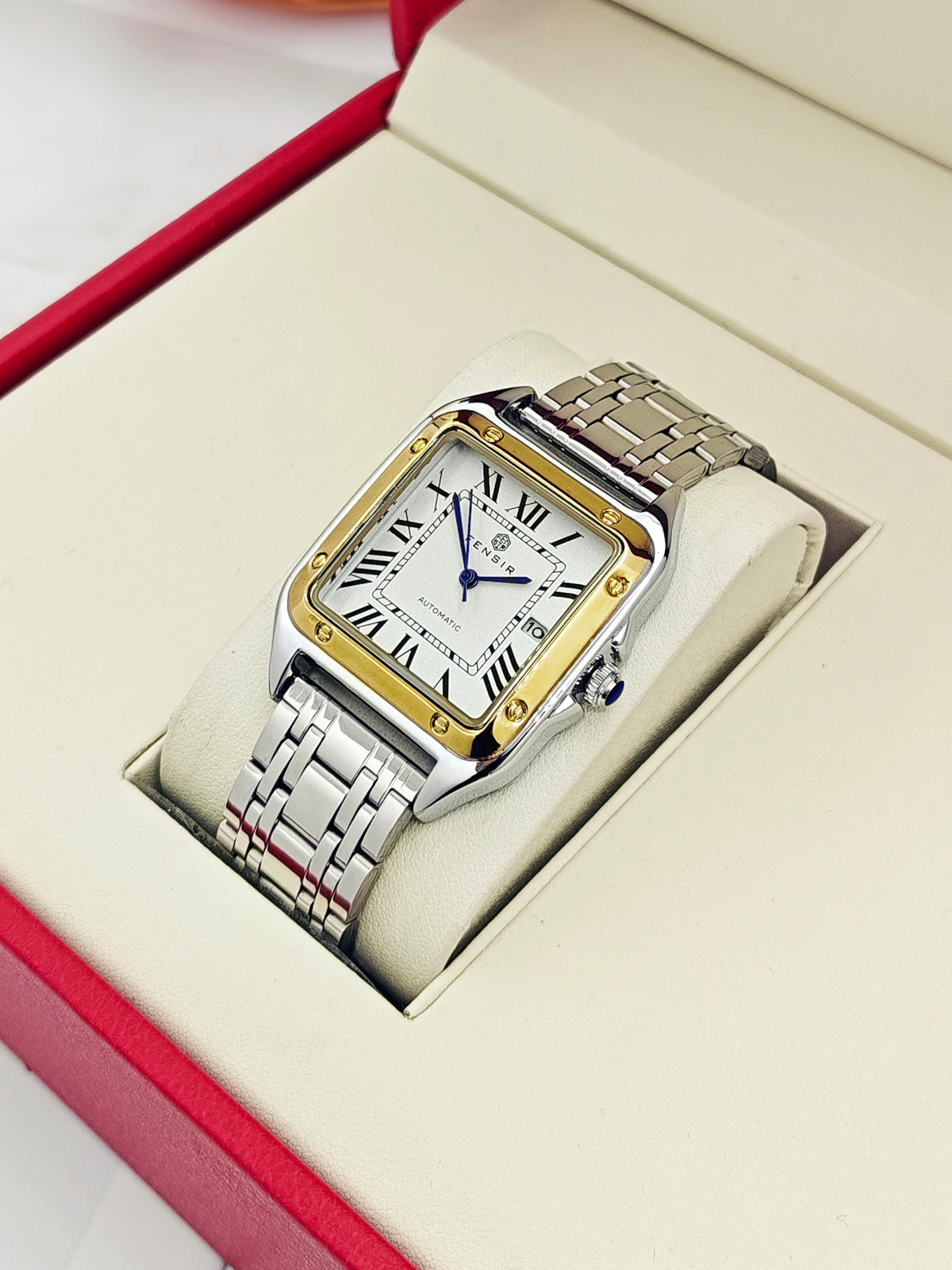 Montre carrée pour homme — Bracelet en acier inoxydable, affichage de la date