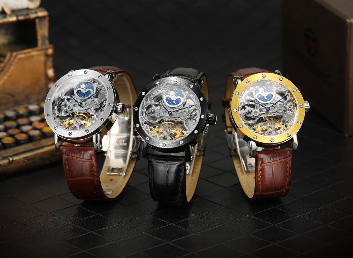 Orologio da polso meccanico automatico SKROX da uomo, modello scheletrato con funzione GMT, fasi lunari e tourbillon – Orologio di lusso di alta gamma, elegante e originale.