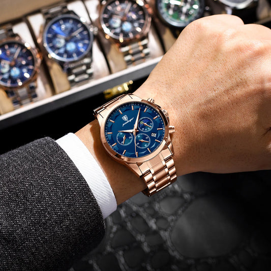 Orologio da polso di lusso da uomo POEDAGAR, stile militare, impermeabile, luminescente, cronografo, in acciaio inossidabile, al quarzo, con custodia.