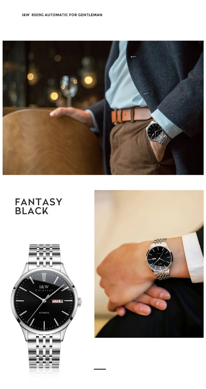 Carnival High-end Series I&W Brand Automatic Mechanical Watches Men Waterproof Watches 316L Steel Sapphire Business Men's Watch